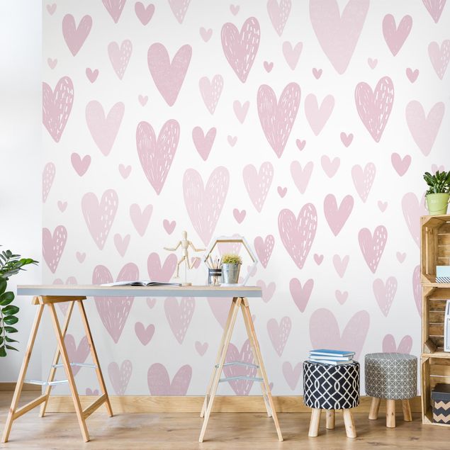 papel de parede para quarto de casal moderno Small And Big Drawn Light Pink Hearts