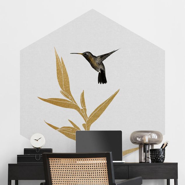 papel parede pássaro Hummingbird And Tropical Golden Blossom II
