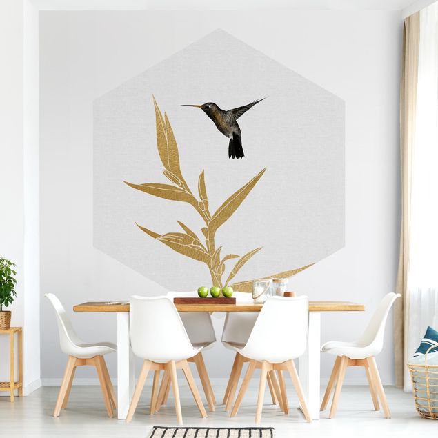 papel de parede prateado Hummingbird And Tropical Golden Blossom II