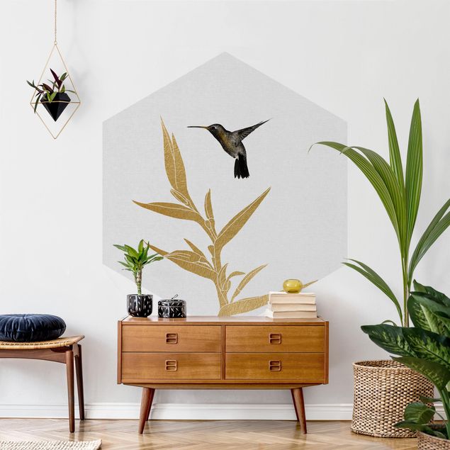 papel de parede para quarto de casal moderno Hummingbird And Tropical Golden Blossom II
