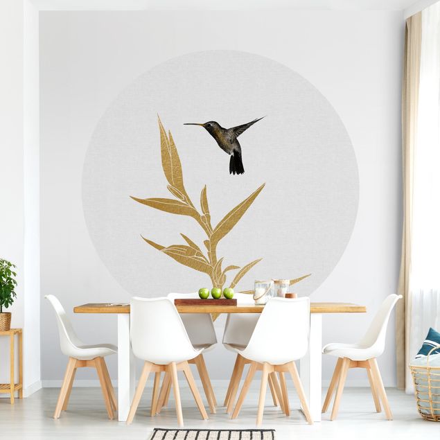 papel de parede prateado Hummingbird And Tropical Golden Blossom II