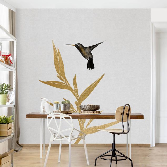 Papel de parede com pássaros Hummingbird And Tropical Golden Blossom II