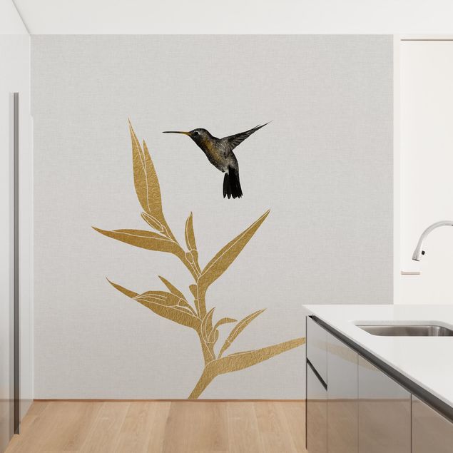 Papel de parede dourado Hummingbird And Tropical Golden Blossom II