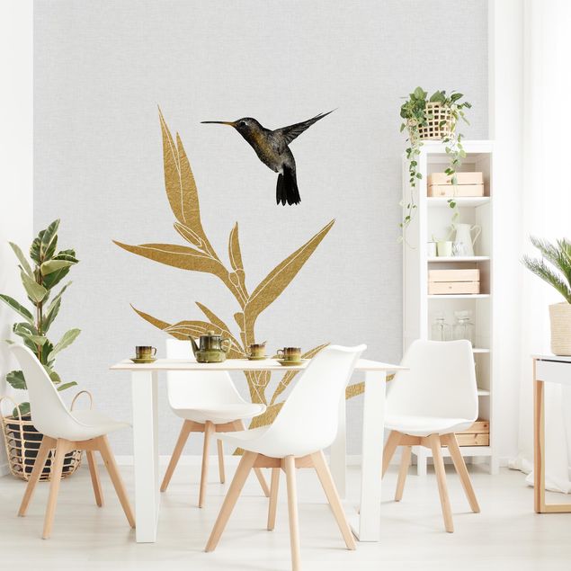 papel de parede moderno Hummingbird And Tropical Golden Blossom II