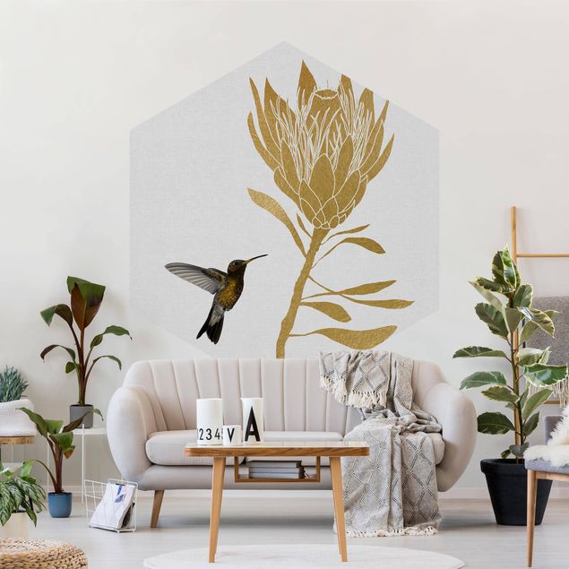 papel de parede moderno Hummingbird And Tropical Golden Blossom