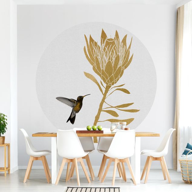 Papel de parede dourado Hummingbird And Tropical Golden Blossom