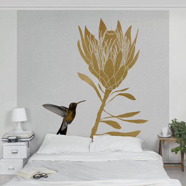 papel parede pássaro Hummingbird And Tropical Golden Blossom