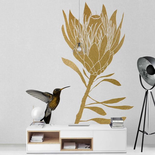 papel de parede prateado Hummingbird And Tropical Golden Blossom