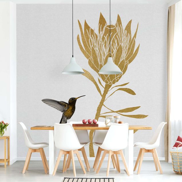 papel de parede para quarto de casal moderno Hummingbird And Tropical Golden Blossom