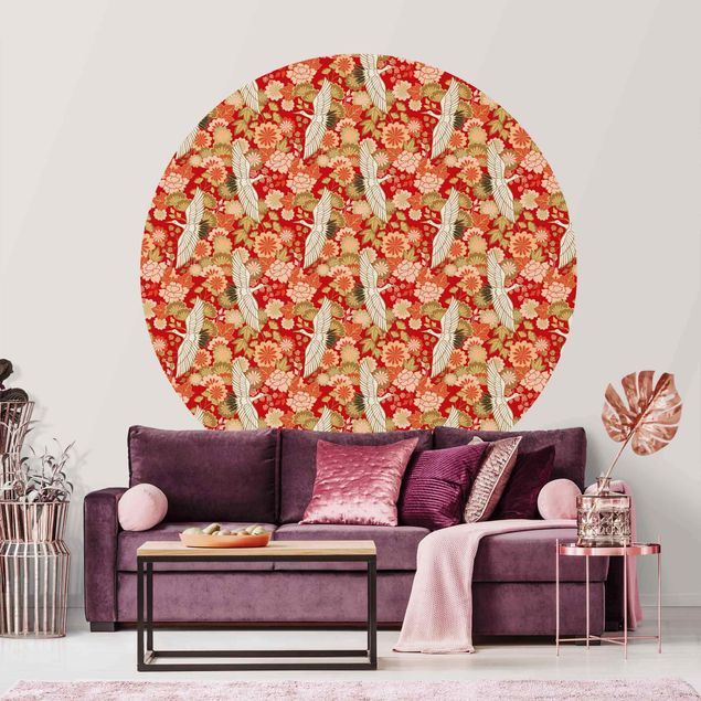papel de parede moderno Cranes And Chrysanthemums Red
