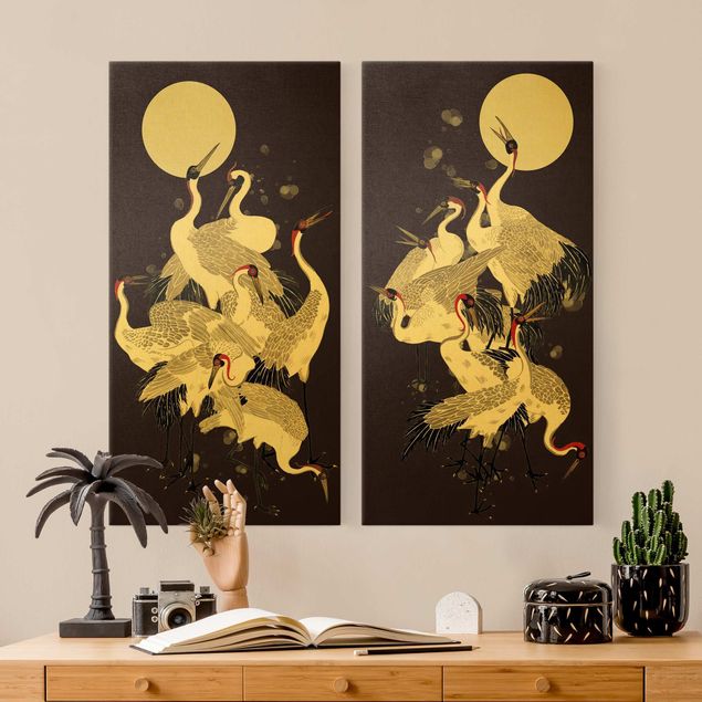 quadros decorativos para sala modernos Cranes In Front Of Moon Duo
