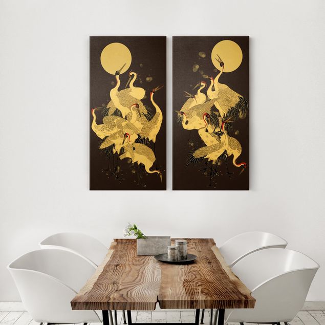Telas decorativas animais Cranes In Front Of Moon Duo