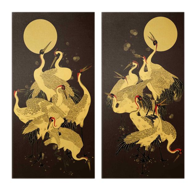 quadros em preto e branco Cranes In Front Of Moon Duo