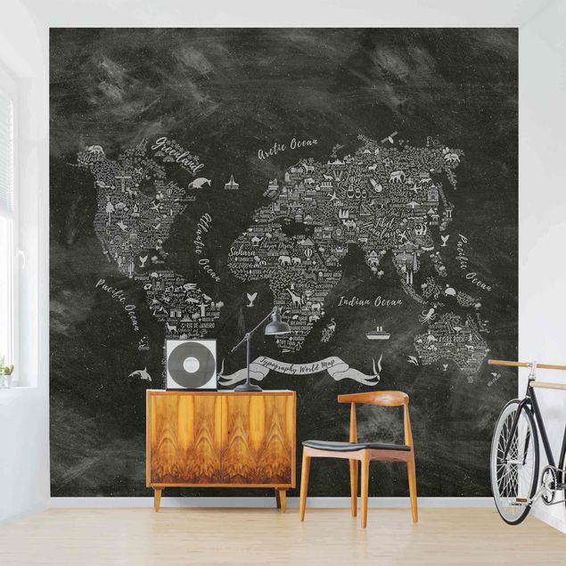 papel de parede branco e preto Chalk Typography World Map