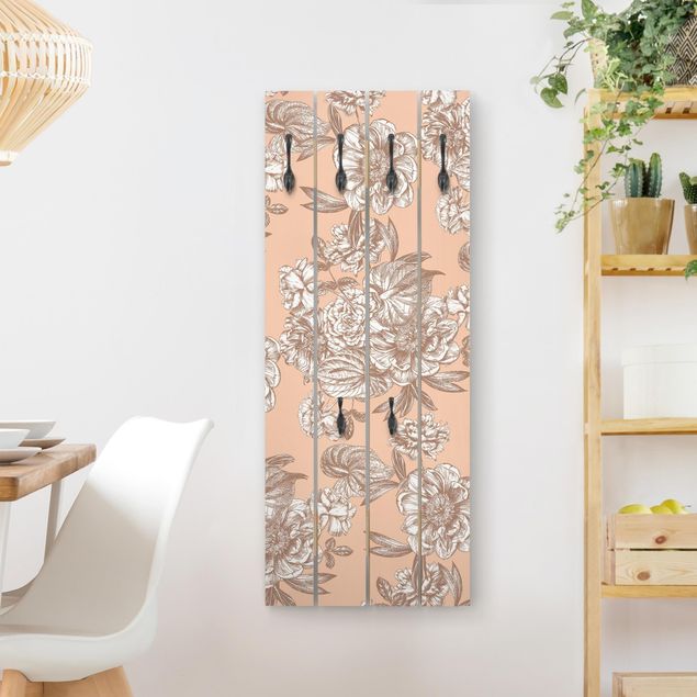 Cabides de parede estilo rústico Copper Engraving Flower Bouquet