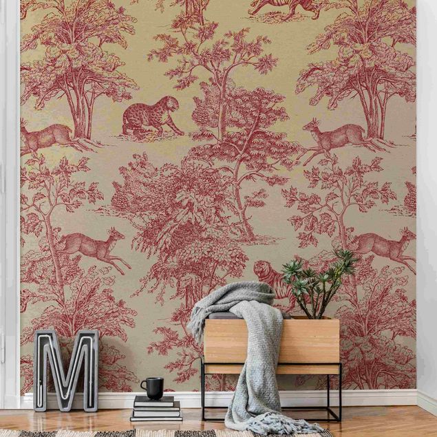 Papel de parede padrões Copper Engraving Impression - Jaguar With Deer On Nature Paper