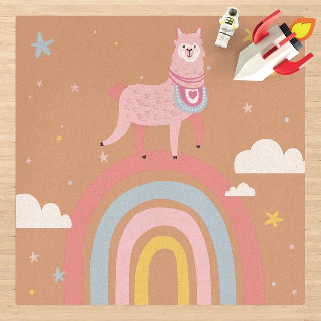 Tapetes modernos Lama On Rainbow With Stars And Dots