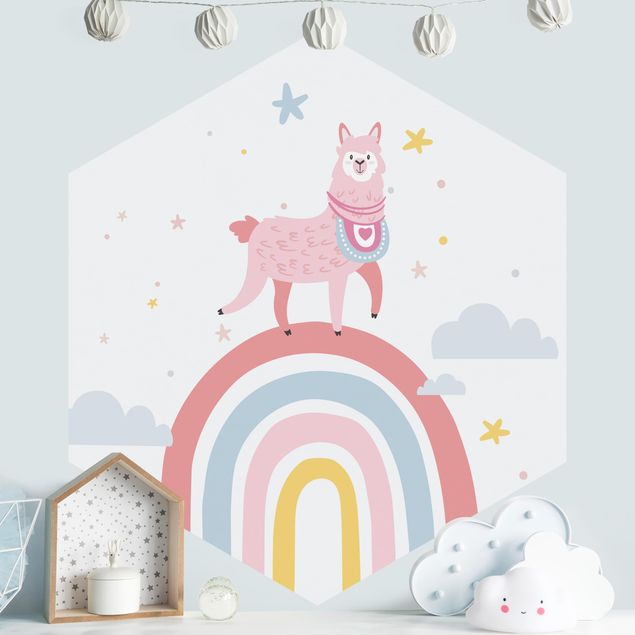 Papel de parede montanhas Lama On Rainbow With Stars And Dots