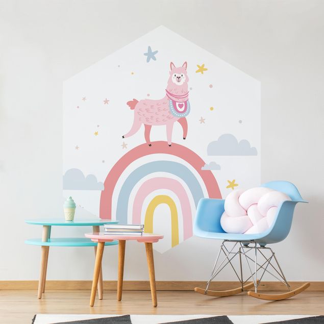 papel de parede moderno Lama On Rainbow With Stars And Dots