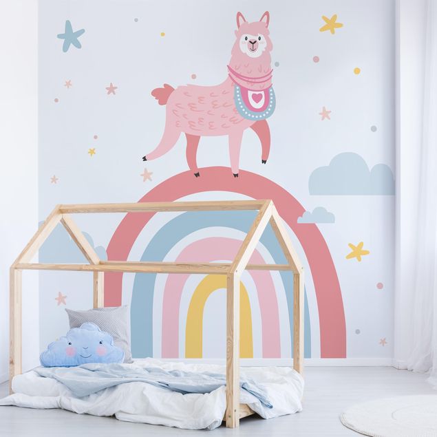 Decoração para quarto infantil Lama On Rainbow With Stars And Dots