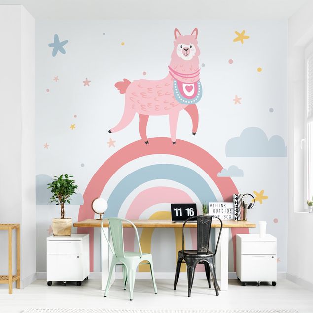 Papel de parede animais Lama On Rainbow With Stars And Dots