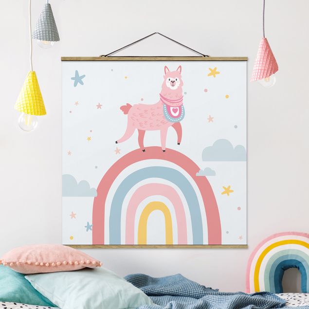 decoração para quartos infantis Lama On Rainbow With Stars And Dots