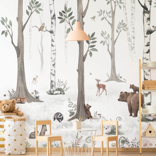 papel de parede moderno Silent white forest with animals