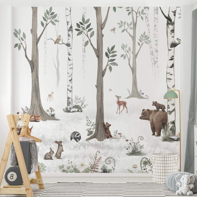 Papel de parede paisagens Silent white forest with animals