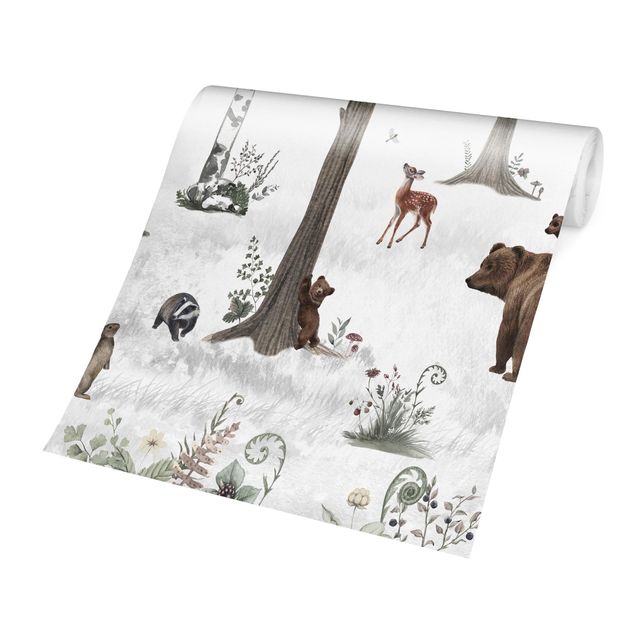 Papel de parede branco Silent white forest with animals