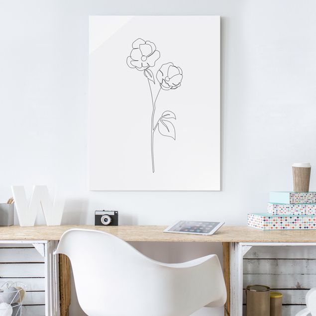 Quadros em vidro em preto e branco Line Art Flowers - Poppy Flower