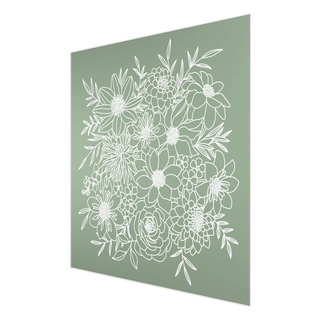 quadro de vidro Lineart Flowers In Green