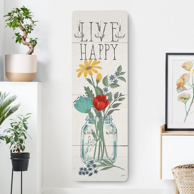 Cabides de parede frases Live Happy - Flower vase on wood