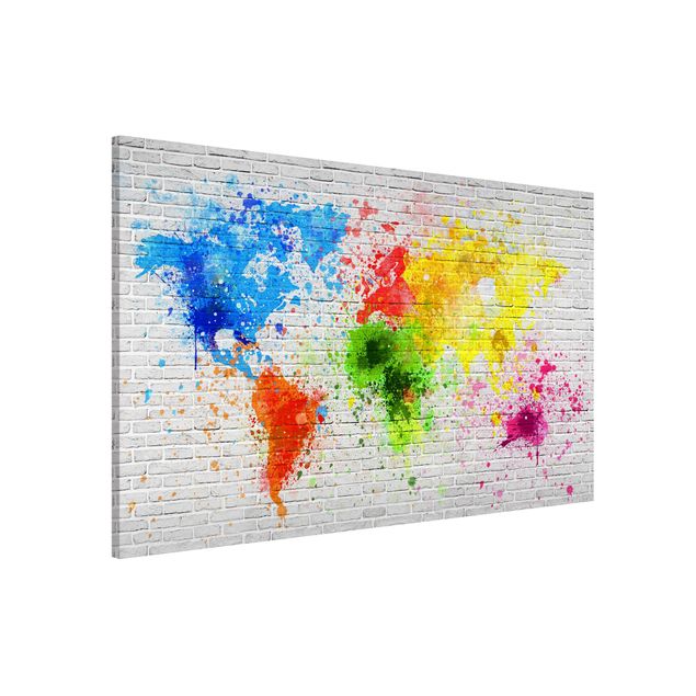decoraçao para parede de cozinha White Brick Wall World Map