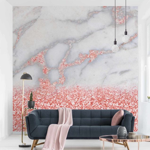 papel de parede para quarto de casal moderno Marble Look With Pink Confetti