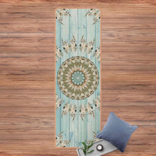 Tapetes modernos Mandala Watercolour Feathers Blue Green Wooden Boards