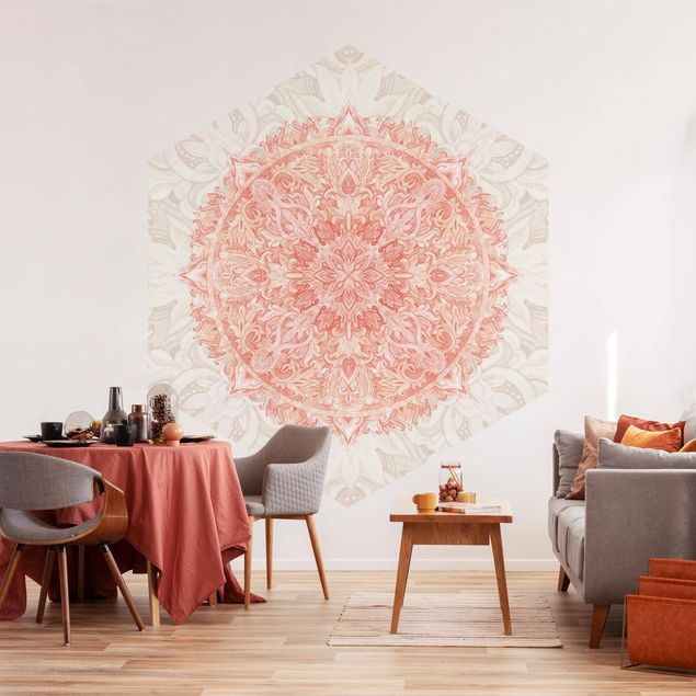 papel de parede para quarto de casal moderno Mandala Watercolour Ornament Beige Orange