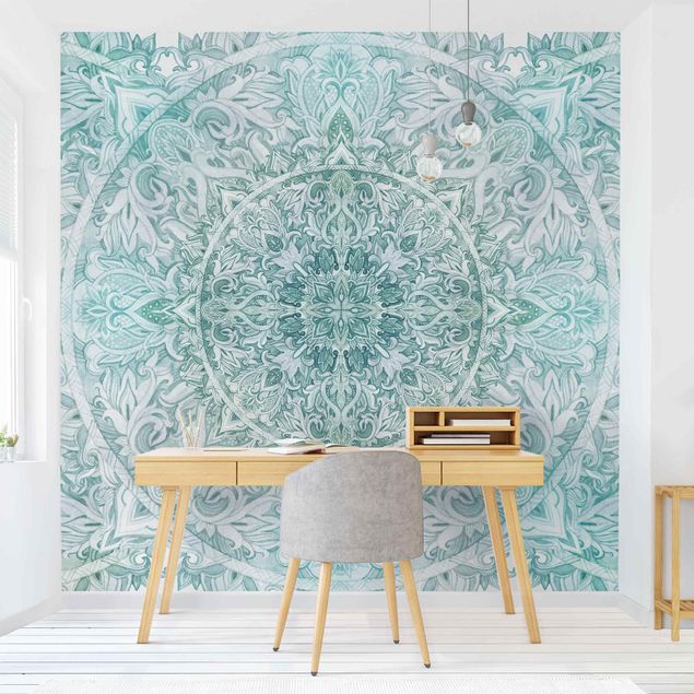 papel de parede para quarto de casal moderno Mandala Watercolour Ornament Pattern Turquoise