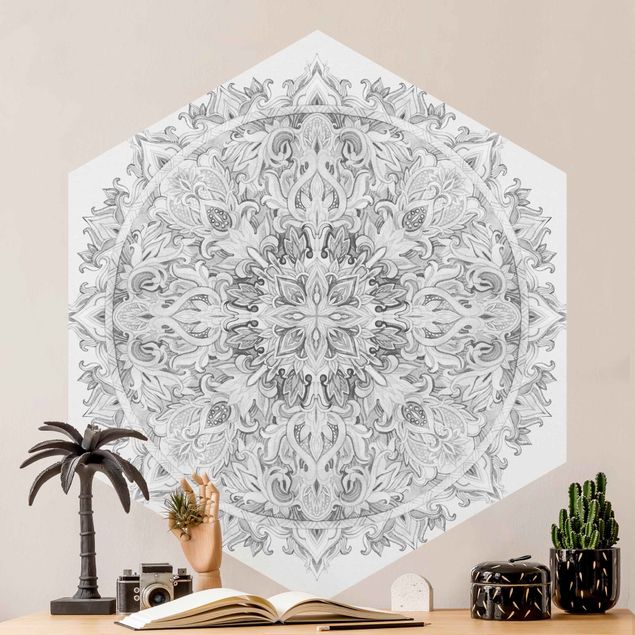 Papel de parede ornamental Mandala Watercolour Ornament Black And White