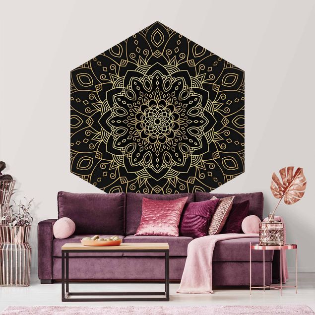 Papel de parede padrões Mandala Flower Pattern Gold Black