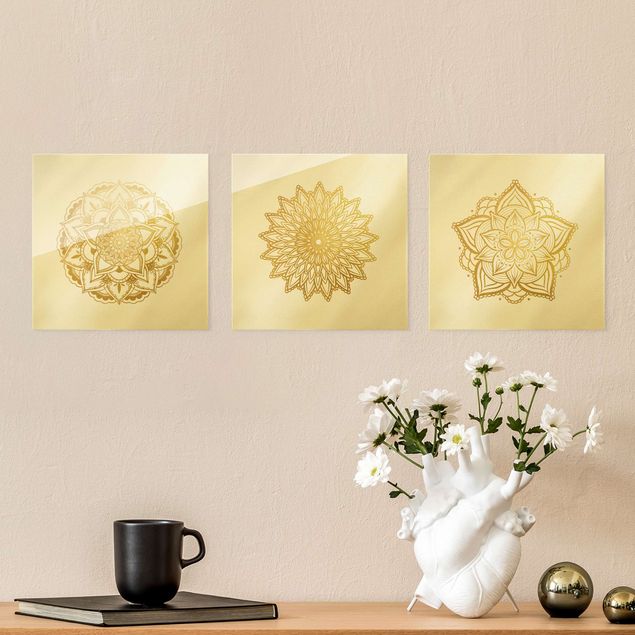 Quadros em vidro zen Mandala Flower Sun Illustration Set Gold