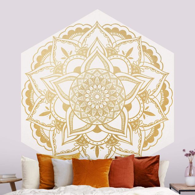 Papel de parede ornamental Mandala Flower Gold White