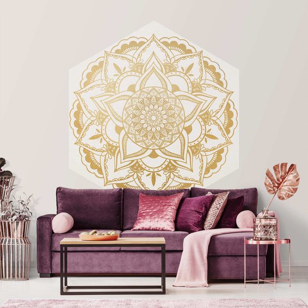 Papel de parede padrões Mandala Flower Gold White
