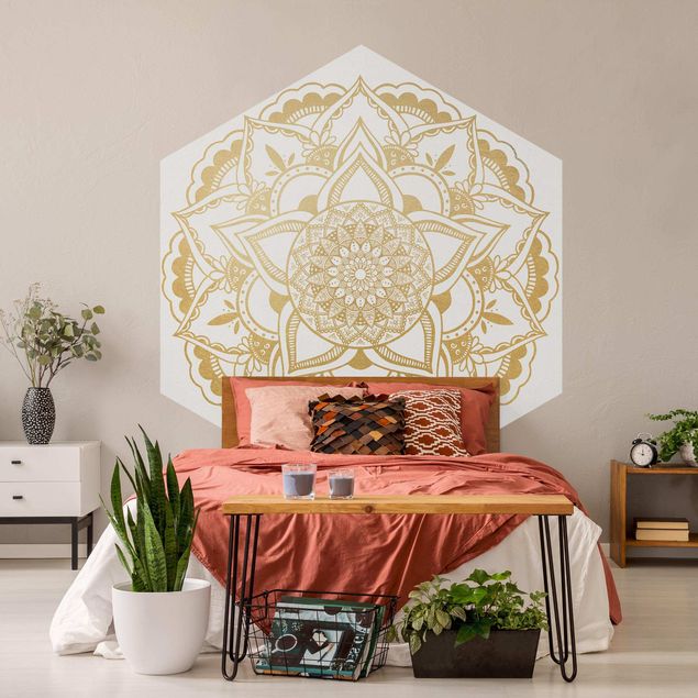 papel de parede moderno para sala Mandala Flower Gold White