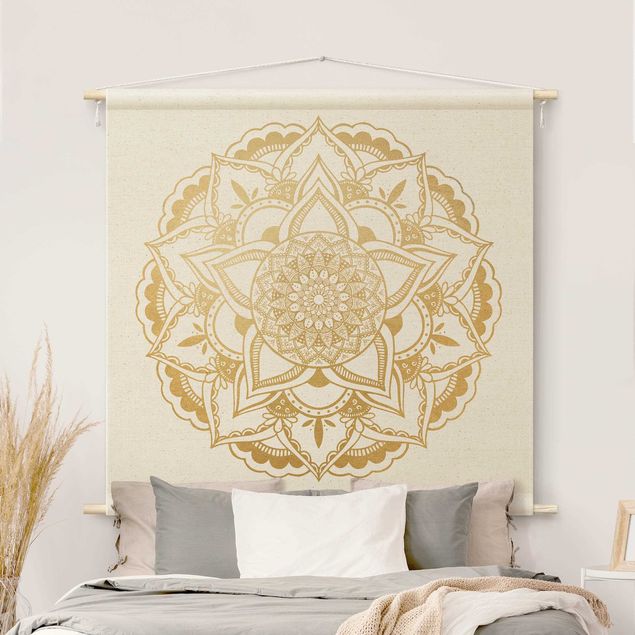 Tapeçaria de parede moderna Mandala Flower Gold White