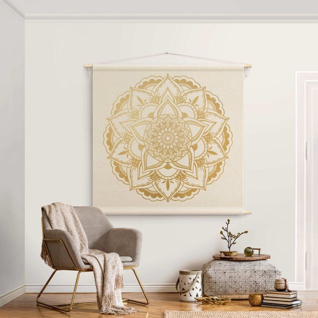 Tapeçaria de parede mandala Mandala Flower Gold White
