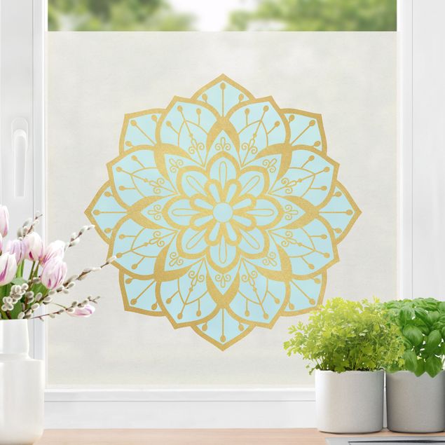 Péliculas para janelas Mandala Illustration Flower Light Blue Gold