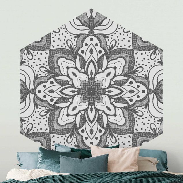 decoraçoes cozinha Mandala With Grid And Dots In Gray