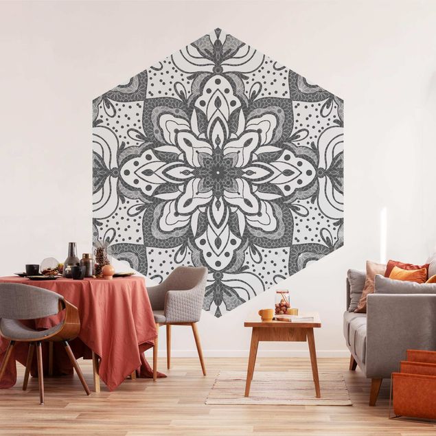 Papel de parede padrões Mandala With Grid And Dots In Gray