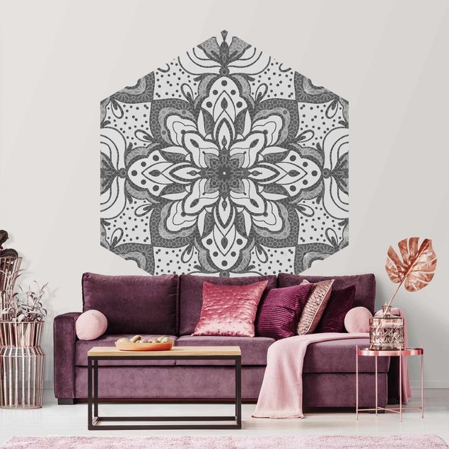 papel de parede moderno Mandala With Grid And Dots In Gray
