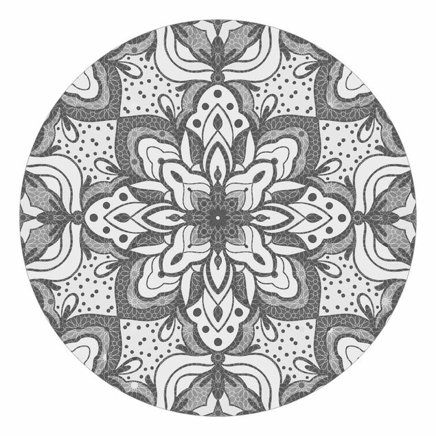 Papel de parede preto e branco Mandala With Grid And Dots In Grey